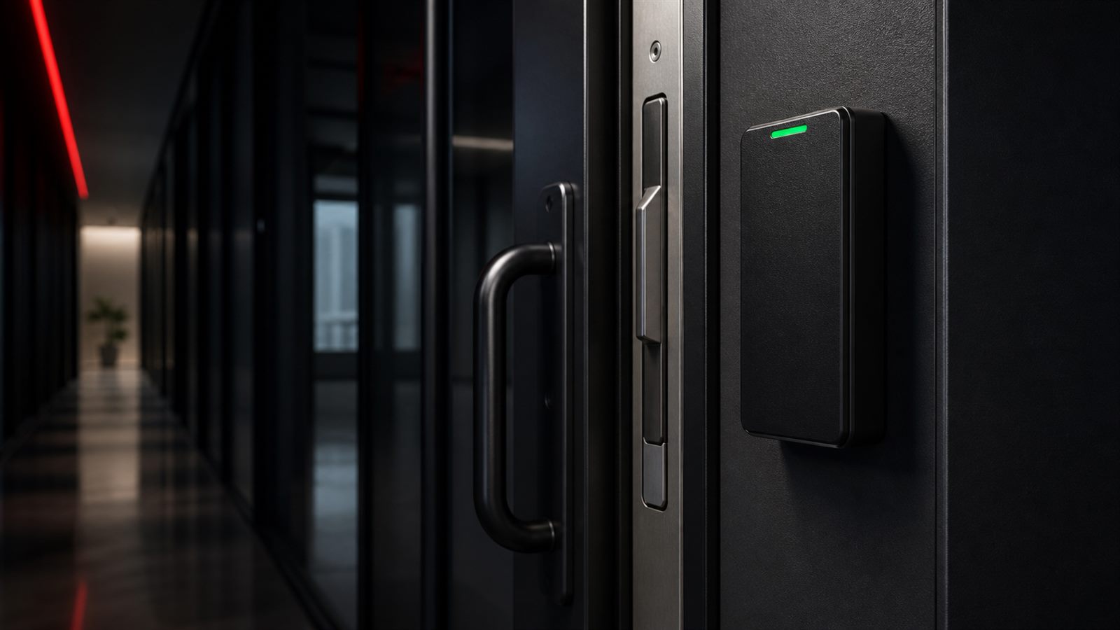 Modern commercial access-controlled door and card reader