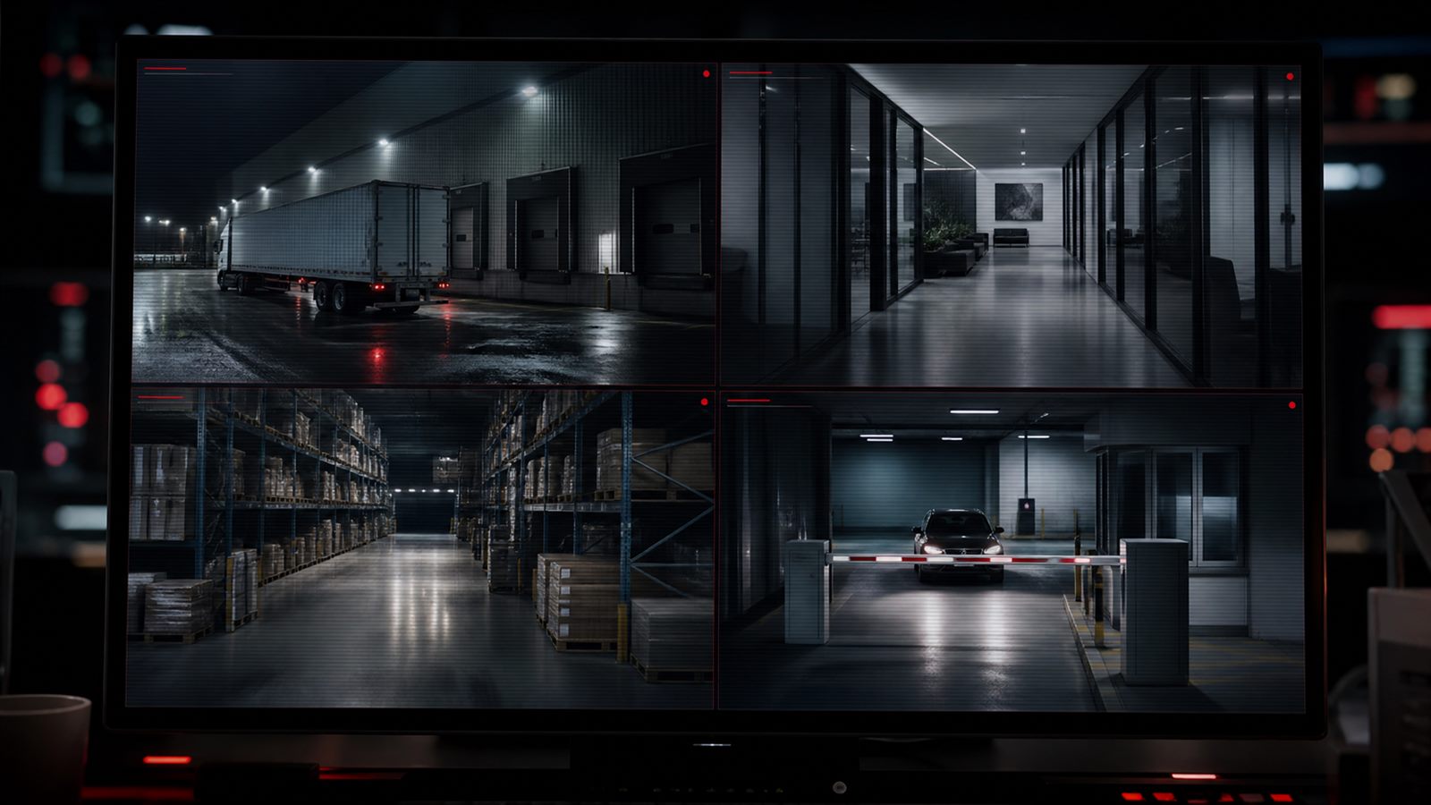 Large CCTV monitor showing four fictional commercial camera views