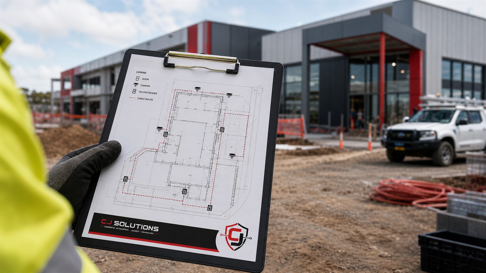 CJ Security Solutions branded security site plan held on a commercial work site